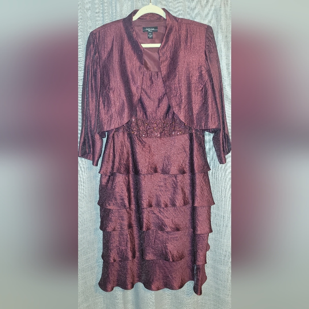 R&M Richards Woman 18 Burgundy Tiered Dress with 3/4 Sleeved Jacket